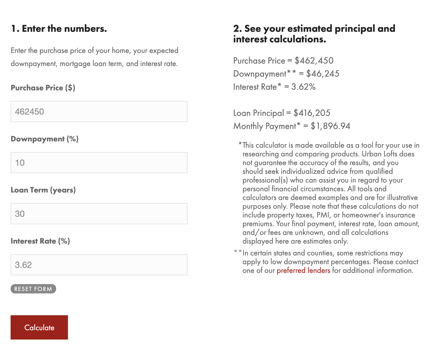 Urban Lofts Mortgage Calculator